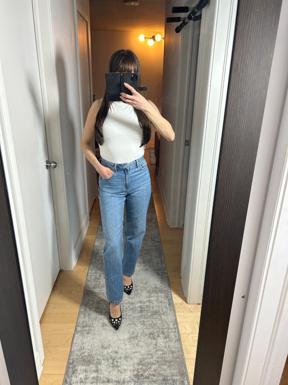 Dynamite Justina Rhinestone Straight Leg Jeans ✨ Mid-Rise Studded Front Denim - Picture 1 of 8